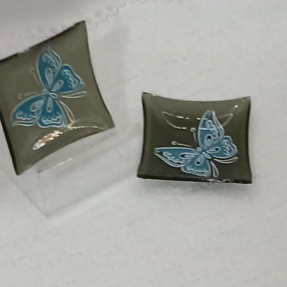 Black Glass Tea Bag Holder Blue Butterfly 2 Trinket Tray